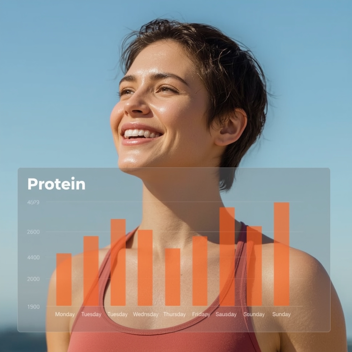 Happy woman showing protein tracking progress with detailed nutrition analytics chart overlay displaying weekly protein intake data.