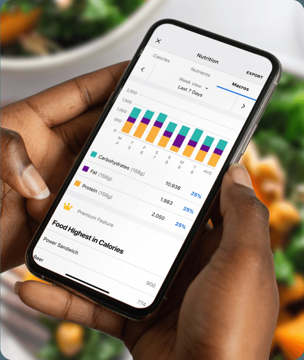 View of the meal planning tool in the FitnessPro app, with nutrition tracking features to create meal plans, customize macros, and monitor daily nutrition goals with detailed charts and progress tracking.